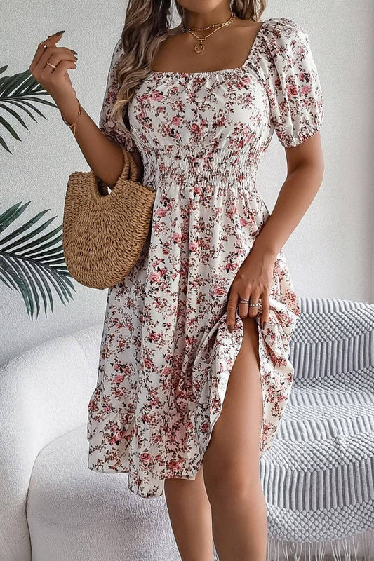 CWDSD8384_FLORAL SQUARE NECK RUFFLE HEM WAIST DRESS