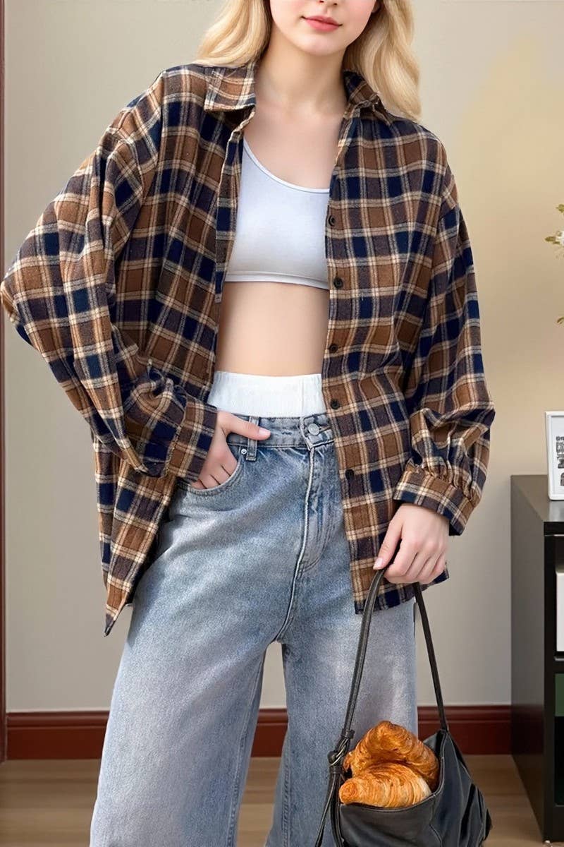 CWTBLL556_PLAID LOOSE CASUAL COMMUTER LONG-SLEEVED SHIRT