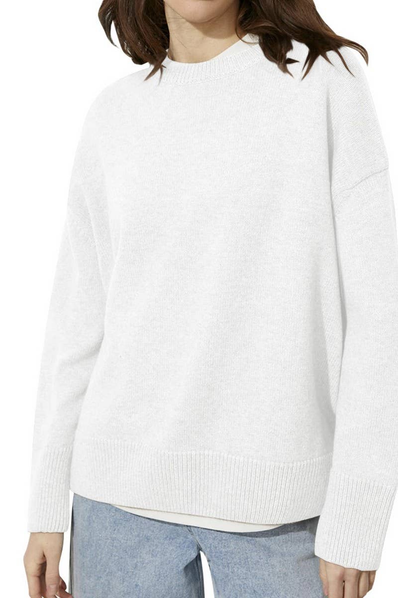 CWOSWL6383_SOLID COLOR CREW NECK KNITTED PULLOVER SWEATER