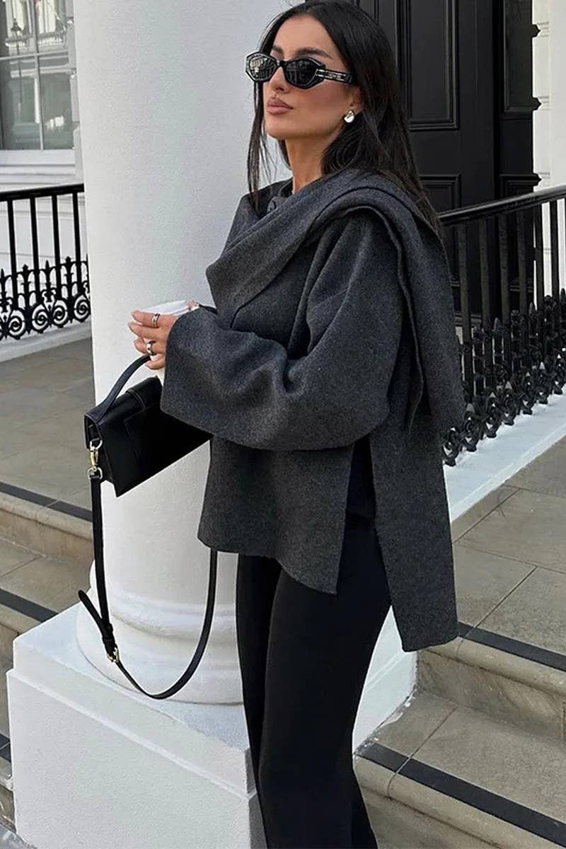 CWOCO1073_SCARF COLLAR LONG SLEEVE LOOSE CASUAL COAT