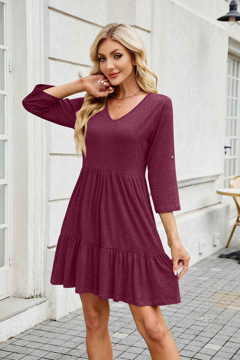 CWDSD8726_SOLID V-NECK BUTTON CASUAL DRESS