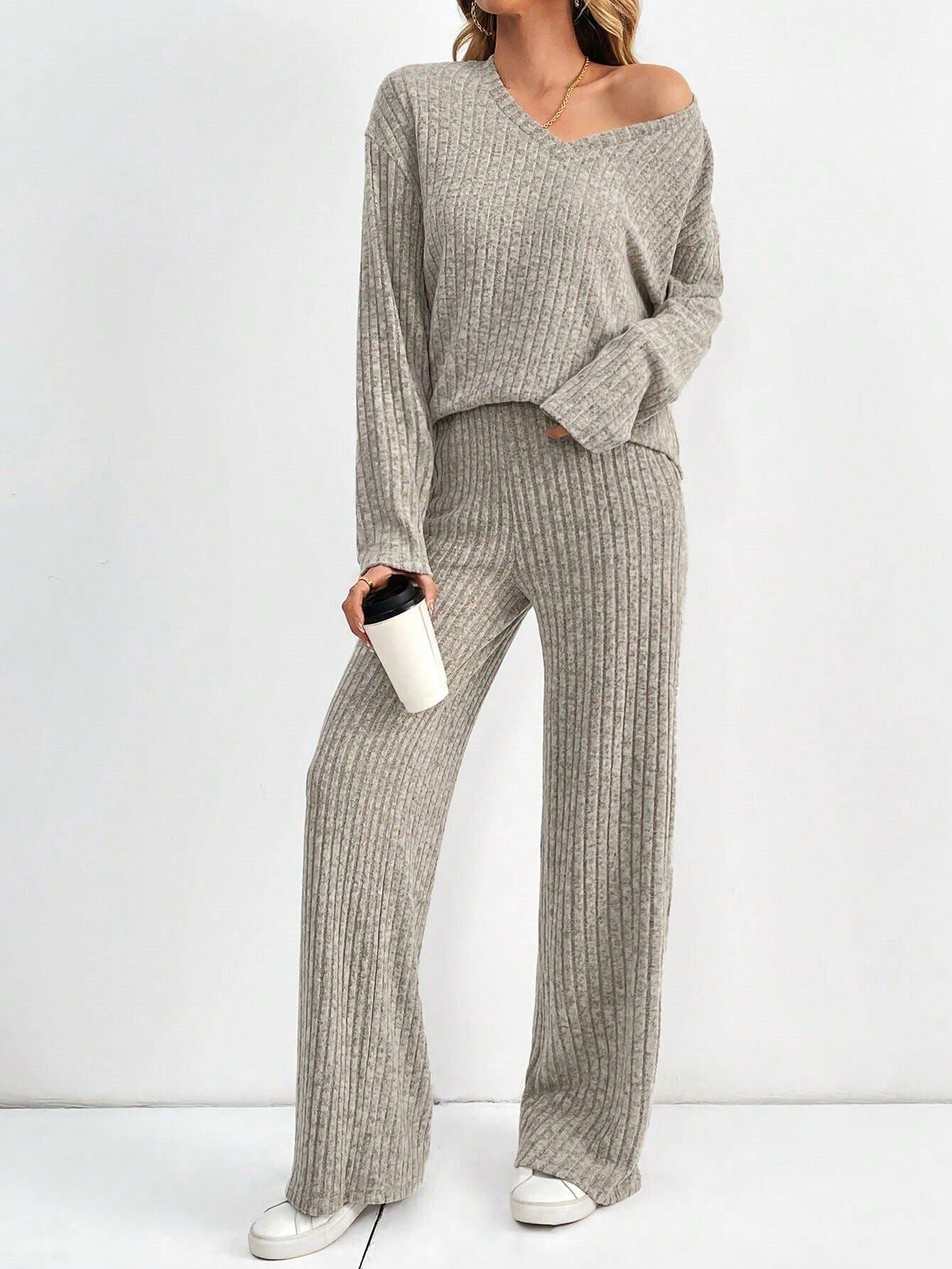 Casual straight-leg pants V-neck striped suit