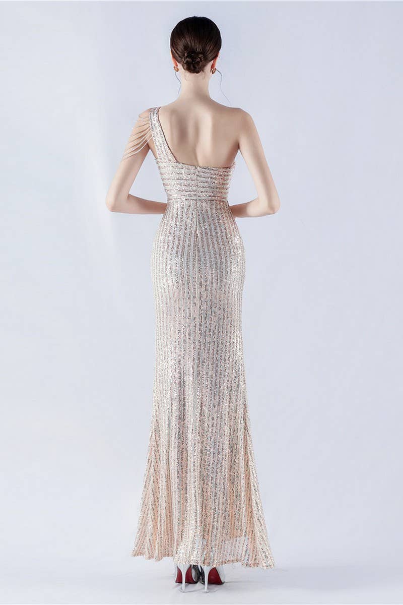 CWDMD4826_ONE-SHOULDER OFF-SHOULDER HIGH-SLIT SEQUINED DRESS