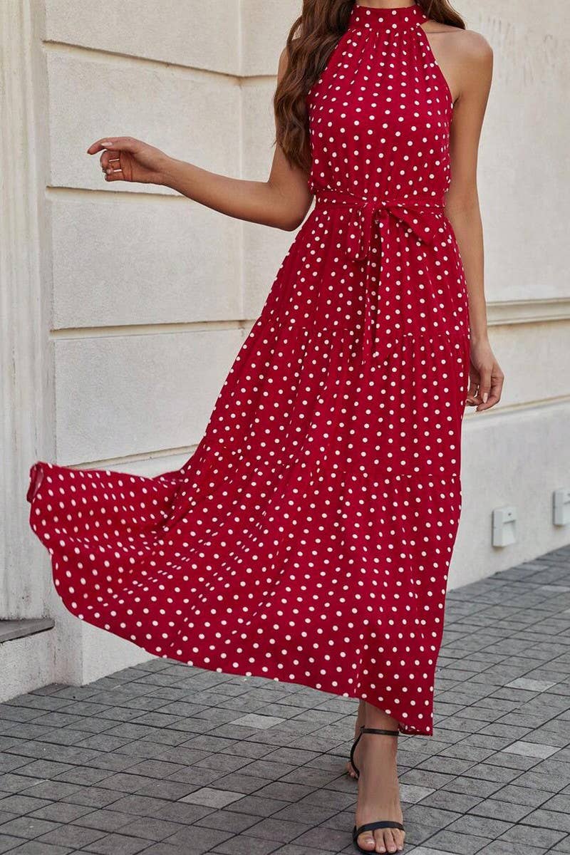 CWDMD5781_POLKA DOT PRINT FLORAL HALTER NECK DRESS