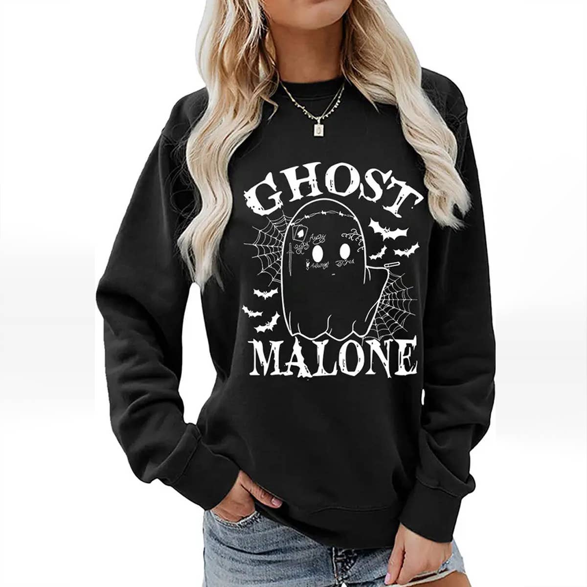 CWTSTL0364_WOMEN HALLOWEEN GHOST MALONE LONG SLEEVE PULLOVER