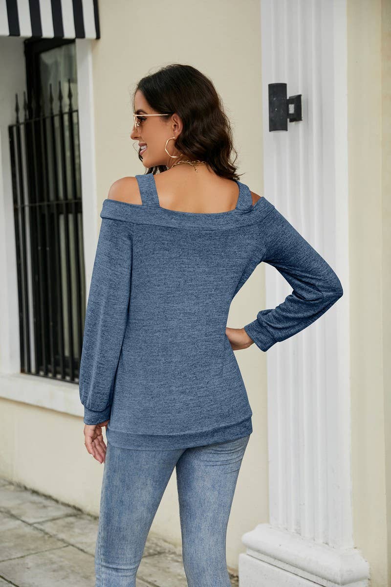 CWTBLL2373_OFF-SHOULDER HOLLOW SOLID COLOR LONG-SLEEVED TOP