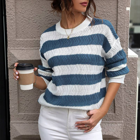 Color-blocking striped round-neck knit sweater