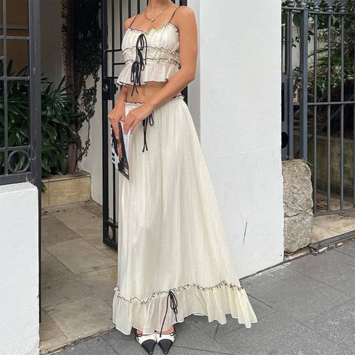 Chic French style sexy halter top long skirt set