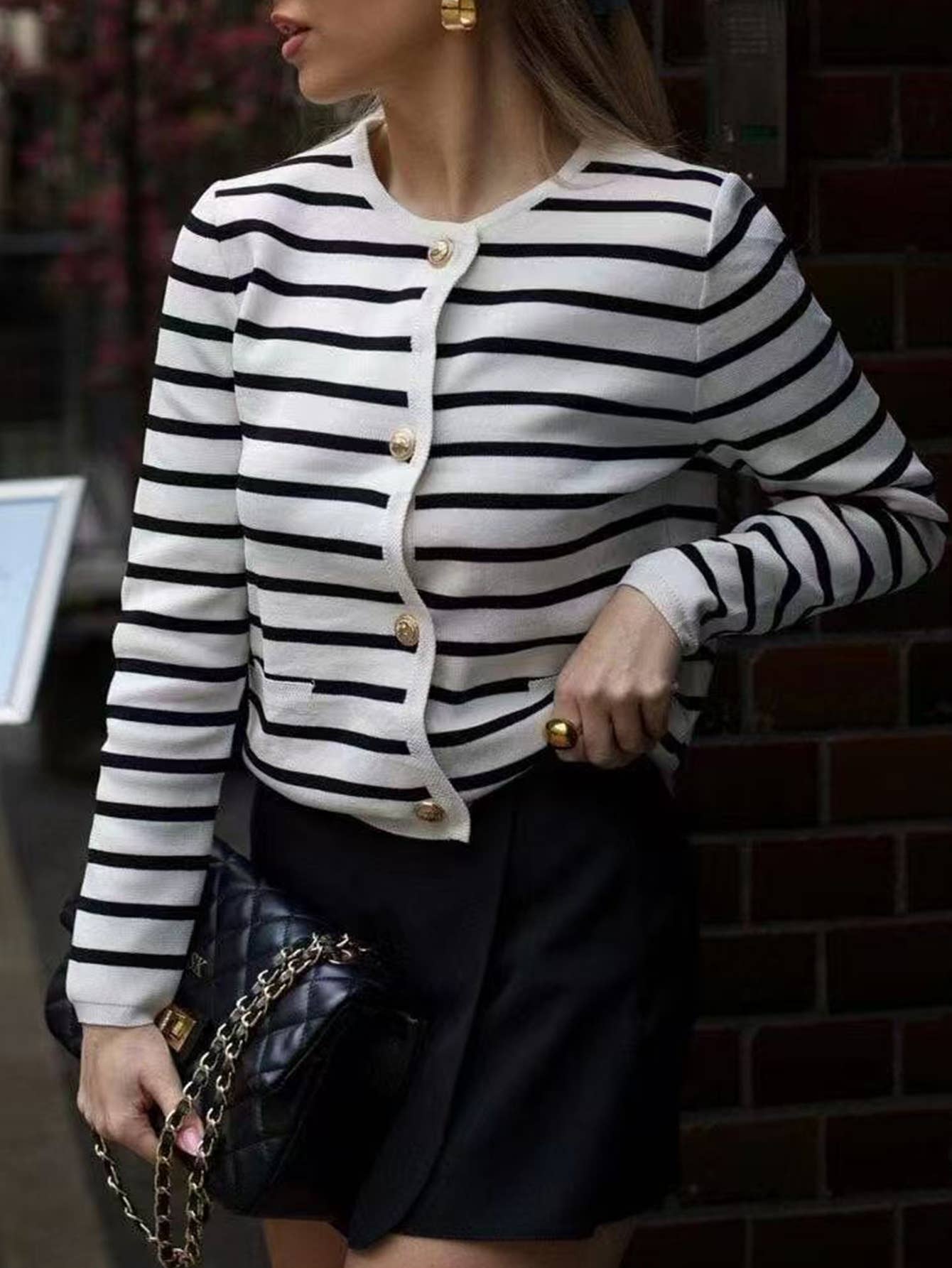 BLACK AND WHITE STRIPED SOFT WAXY CARDIGAN COAT