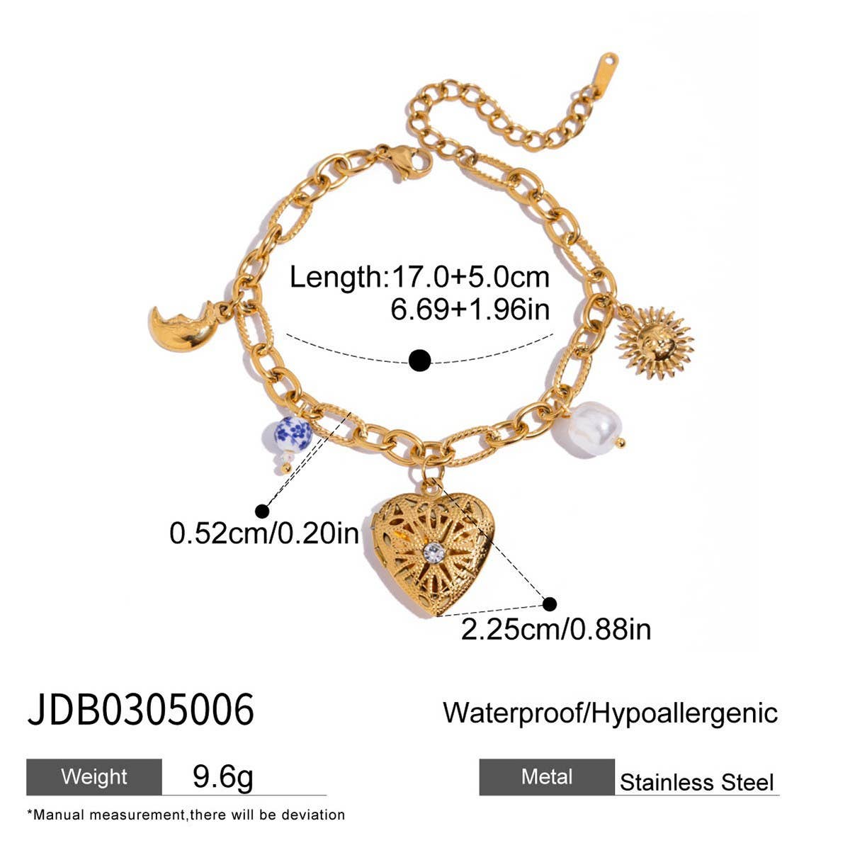 Romantic Pearl & Ceramic Heart Photo Bracelet