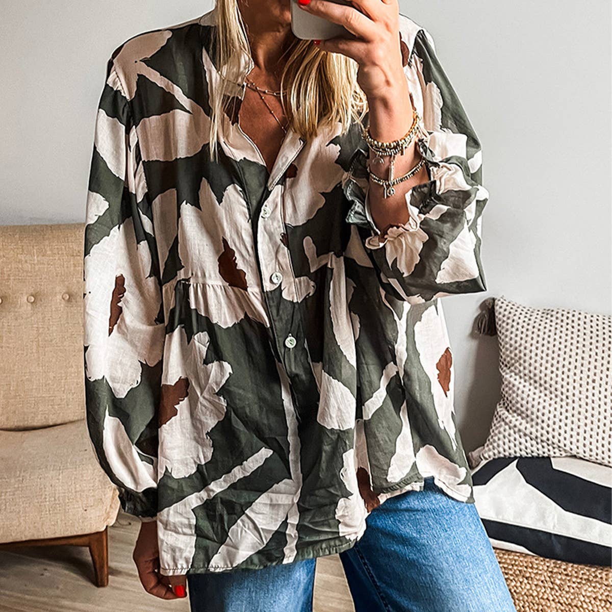 COMMUTER LOOSE V-NECK VINTAGE FLORAL PRINT SHIRT