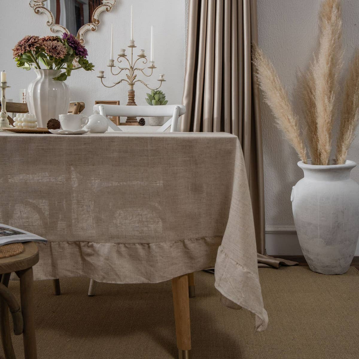 HOME PLAIN RUFFLED POLYESTER AND LINEN TABLECLOTH