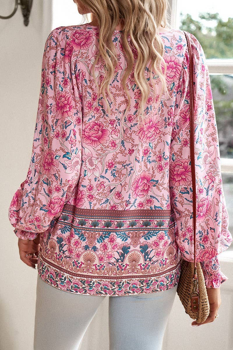 CWTBLL3942_BOHO V-NECK TIE FRONT PRINTED LONG SLEEVE BLOUSE