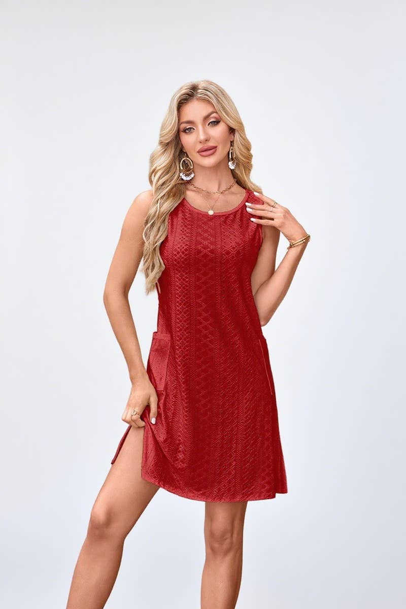 CWDSD8832_EYELET PRINT CASUAL SLEEVELESS TANK POCKET DRESS