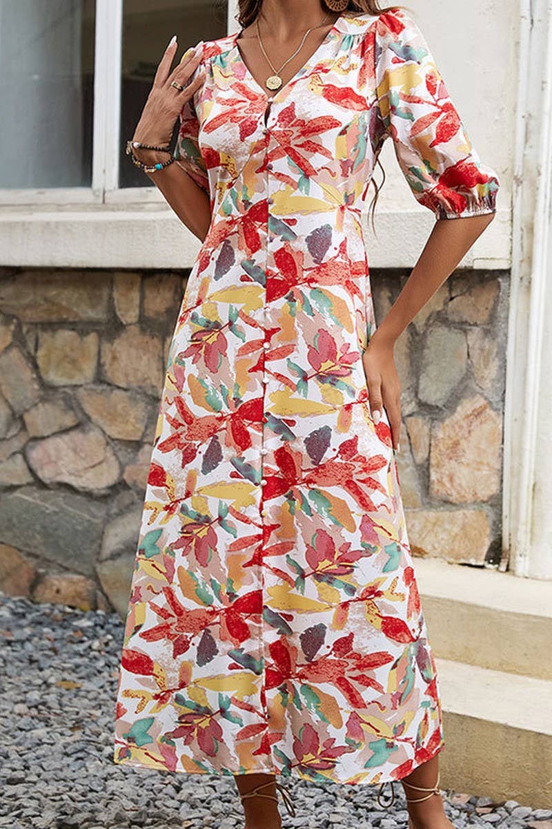 CWDMD2364_V-NECK FLORAL PRINT DRESS