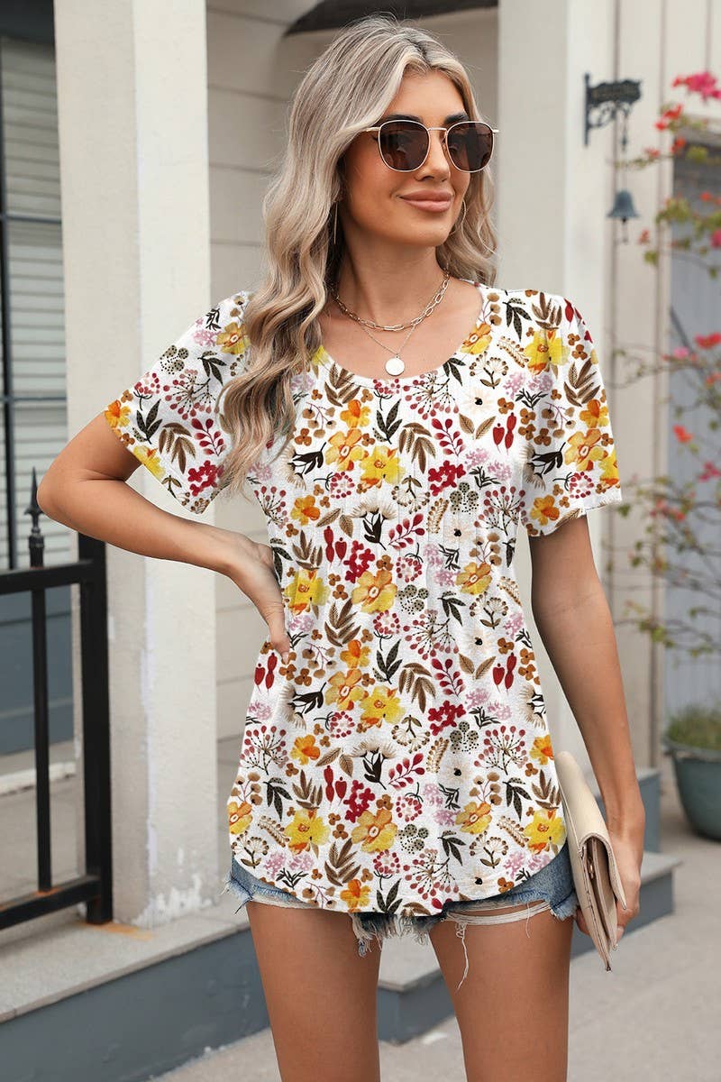 CWTBLS1724_LOOSE CREW NECK PLEATED PRINT SHORT SLEEVE TOP