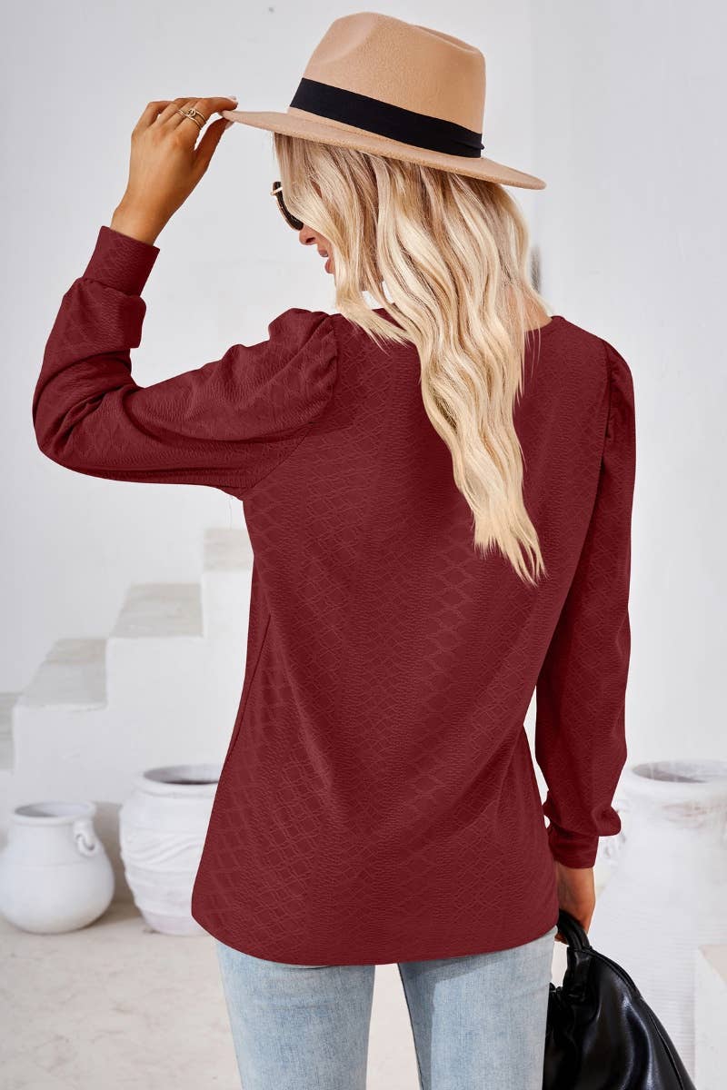 CWTBLL2798_AUTUMN SQUARE NECK JACQUARD LONG-SLEEVED TOP