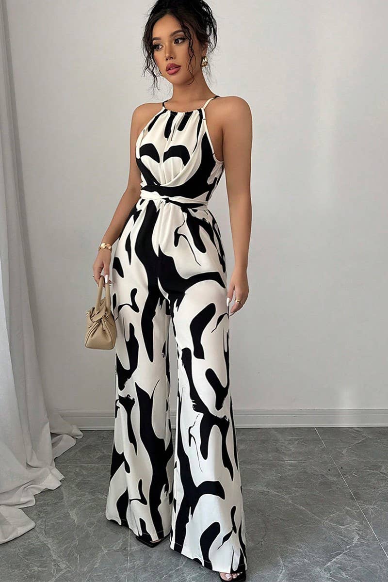 CWSJS1581_ZEBRA PRINT SPAGHETTI STRAP BELTED JUMPSUIT