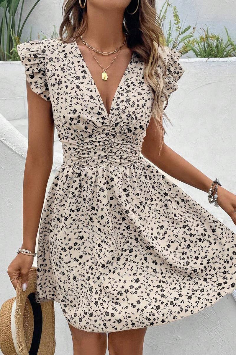 CWDSD8302_SUMMER WOMEN'S V-NECK LOTUS SLEEVE SLIM FIT DRESS