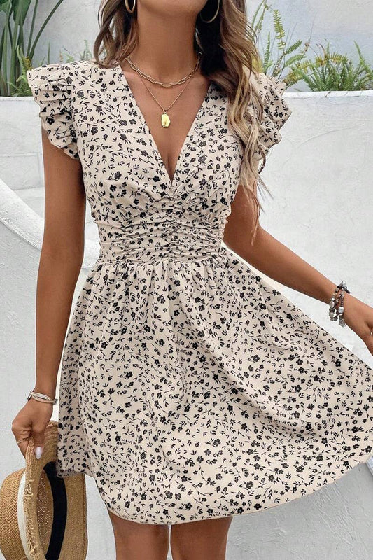 CWDSD8302_SUMMER WOMEN'S V-NECK LOTUS SLEEVE SLIM FIT DRESS