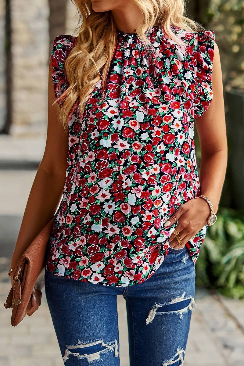 CWTBLSL0061_Round Neck Floral Ruffle Sleeveless Top