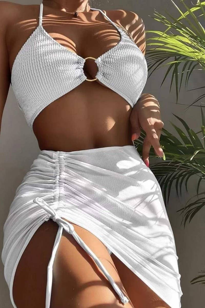 CWMW0888_SOLID COLOR HALTER NECK TWO-PIECE BIKINI SWIMSUIT