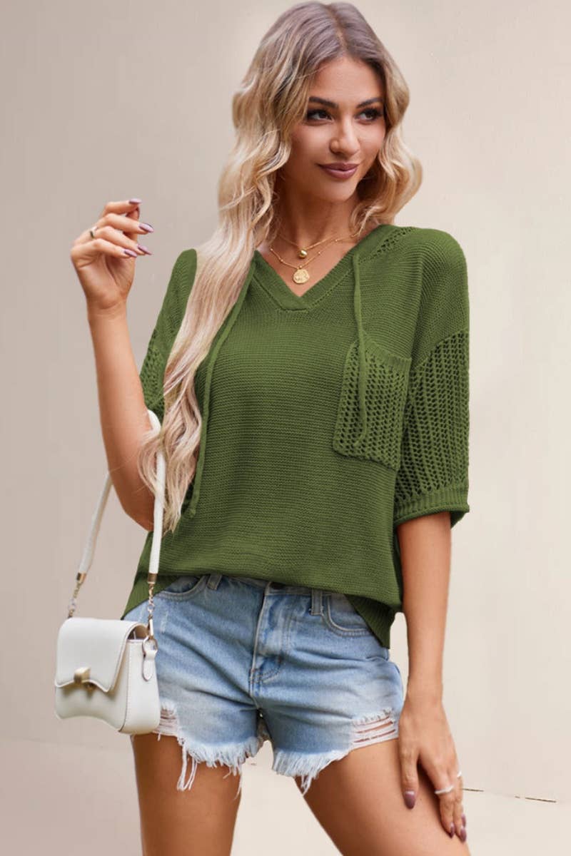 CWTBLS0745_SHORT-SLEEVED CUT-OUT HOODED SWEATER TOP