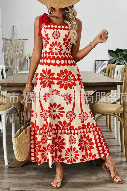 CWDMD5778_FLORAL PRINT STRAP WAIST HOLIDAY DRESS