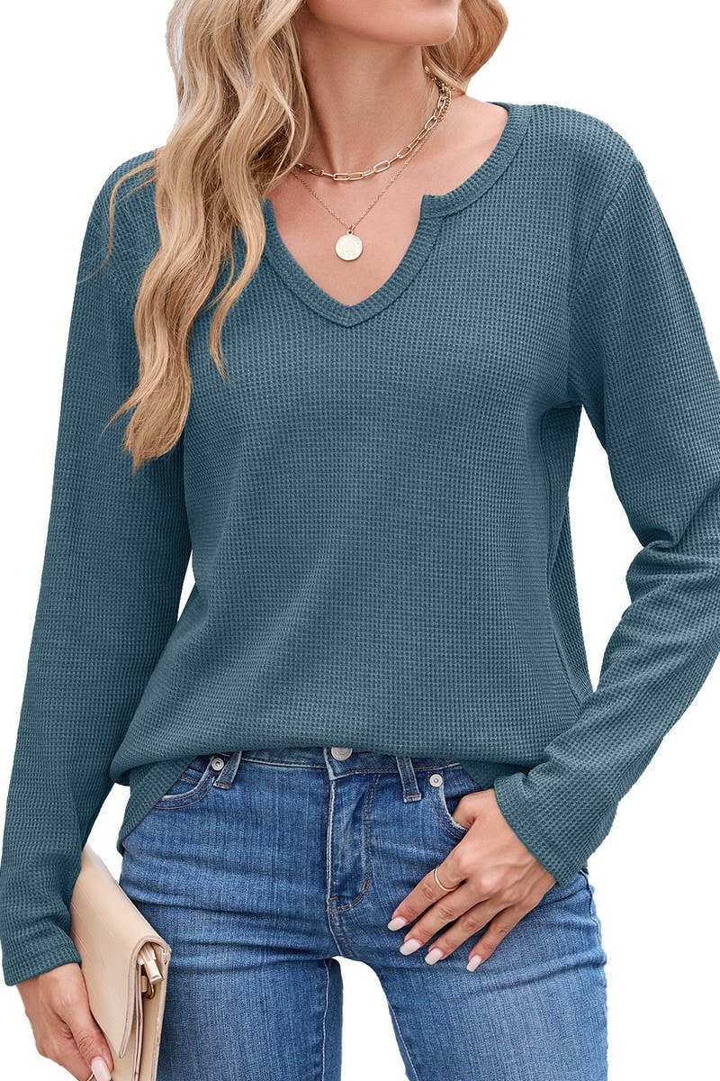 CWTBLL01294_V-NECK WAFFLE LONG-SLEEVED LOOSE T-SHIRT TOP