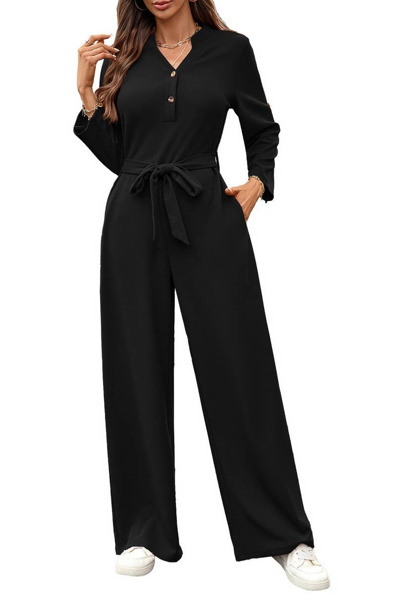 CWSJS00303_SOLID HIGH WAIST TIE BUTTON LONG SLEEVE JUMPSUIT