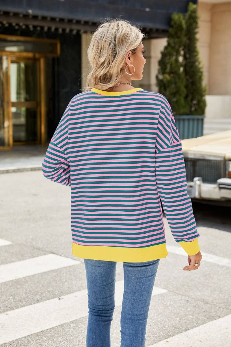 CWTBLL1198_CONTRAST COLOR ROUND NECK STRIPED SWEATSHIRT