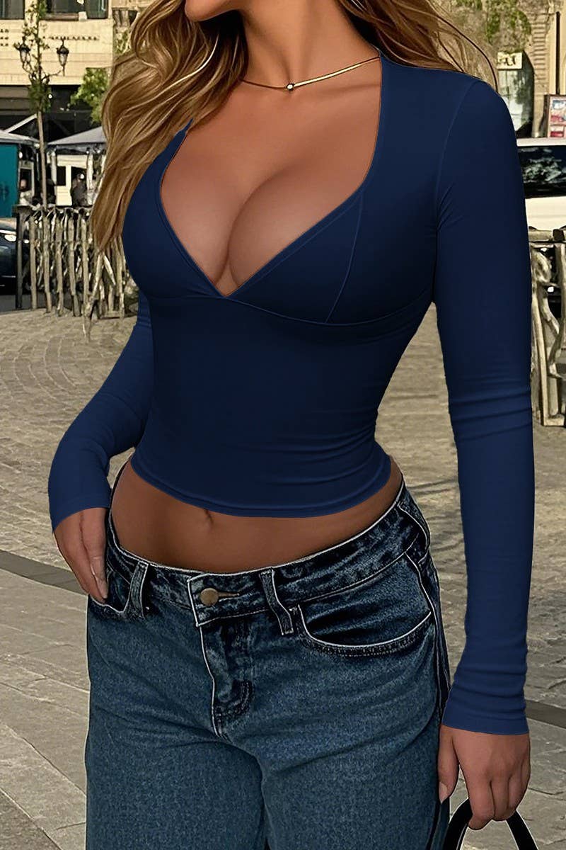 CWTBLL01010_SOLID SLIM FIT SEXY DEEP V LONG SLEEVE TOP