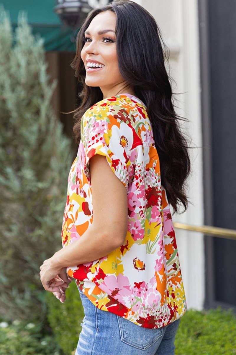 CWTBLS1329_SUMMER V-NECK SHORT SLEEVE FLORAL TOP