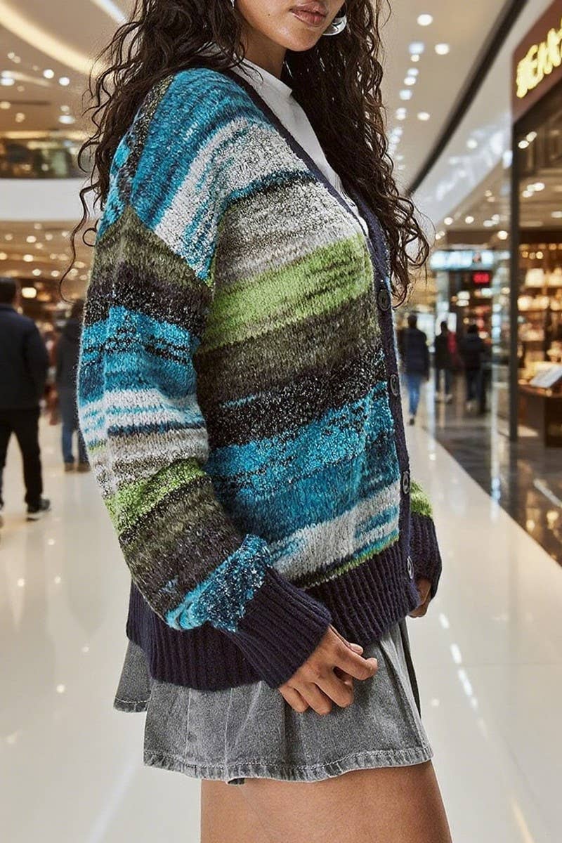 CWOCAL00829_GRADIENT STRIPE V NECK CROPPED KNIT CARDIGAN