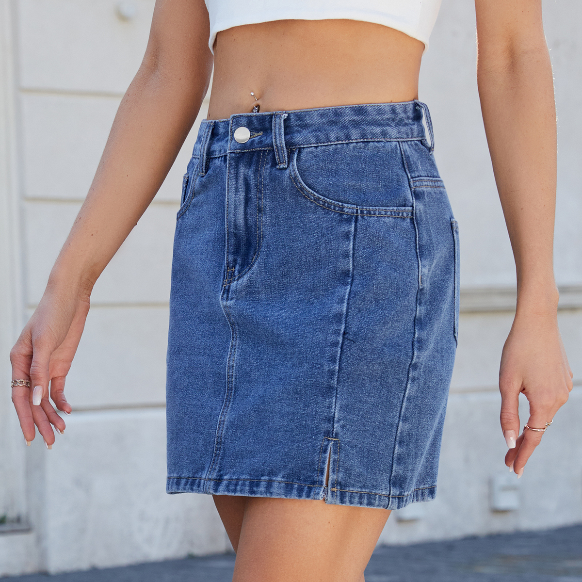Women?™s Washed Denim Bodycon Skirt with Slit_CWJSK0207