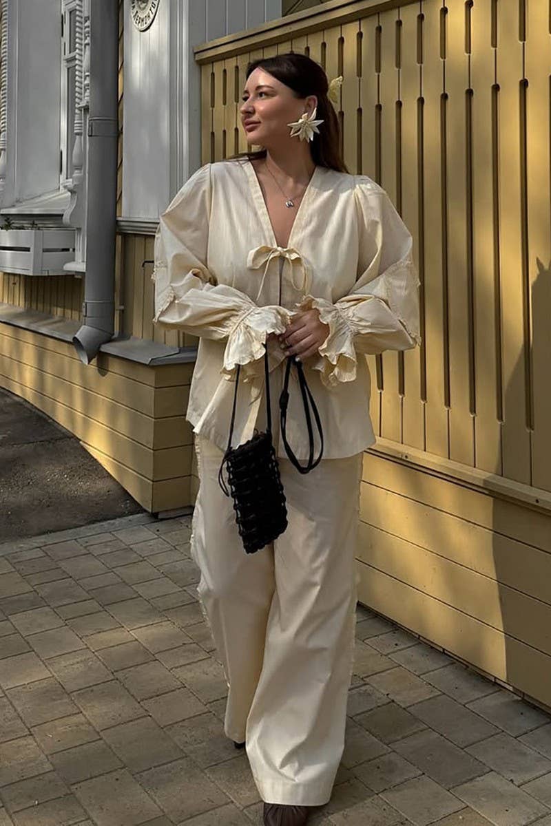 CWTTL2045_FUNGUS PLEAT HEART STITCHING CARDIGAN LACE-UP SHIR