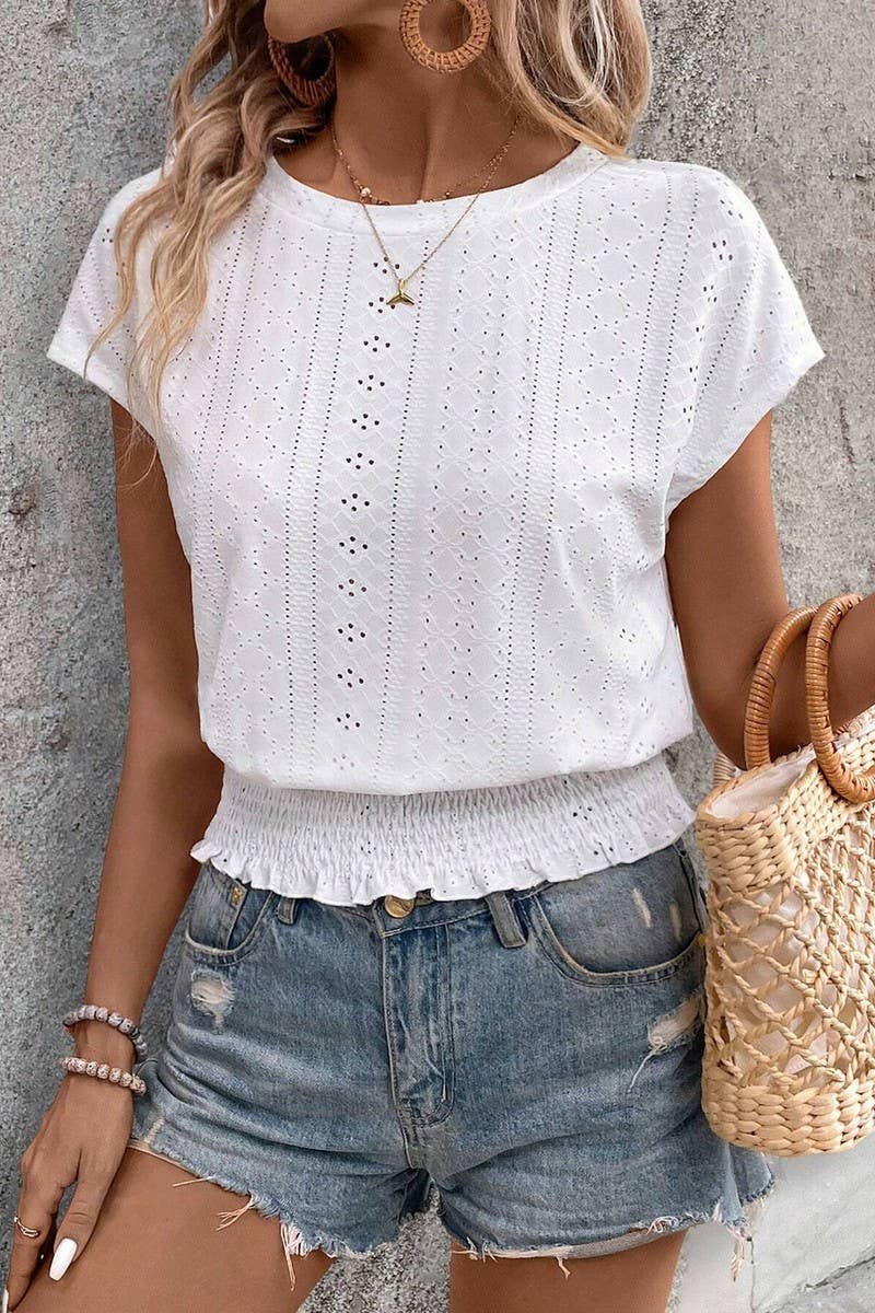 CWTBLS1793_ROUND NECK JACQUARD HOLLOW SHORT SLEEVE TOP