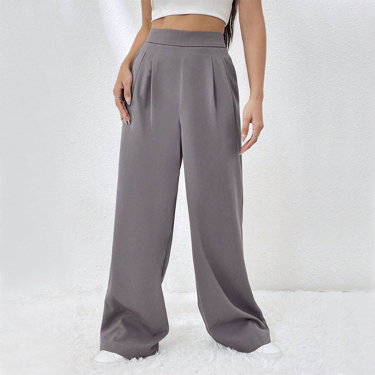 ELASTIC-WAIST POCKET STRAIGHT LEG WIDE-LEG PANTS