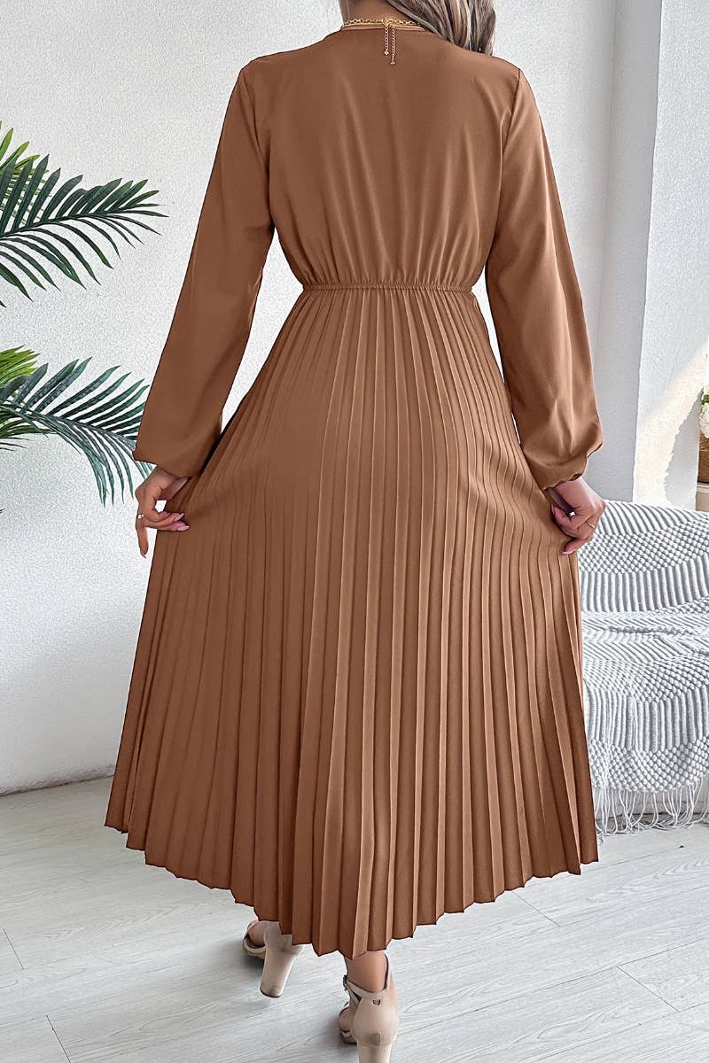CWDMD3462_V-NECK LONG SLEEVE WAIST PLEATED DRESS LONG STYLE