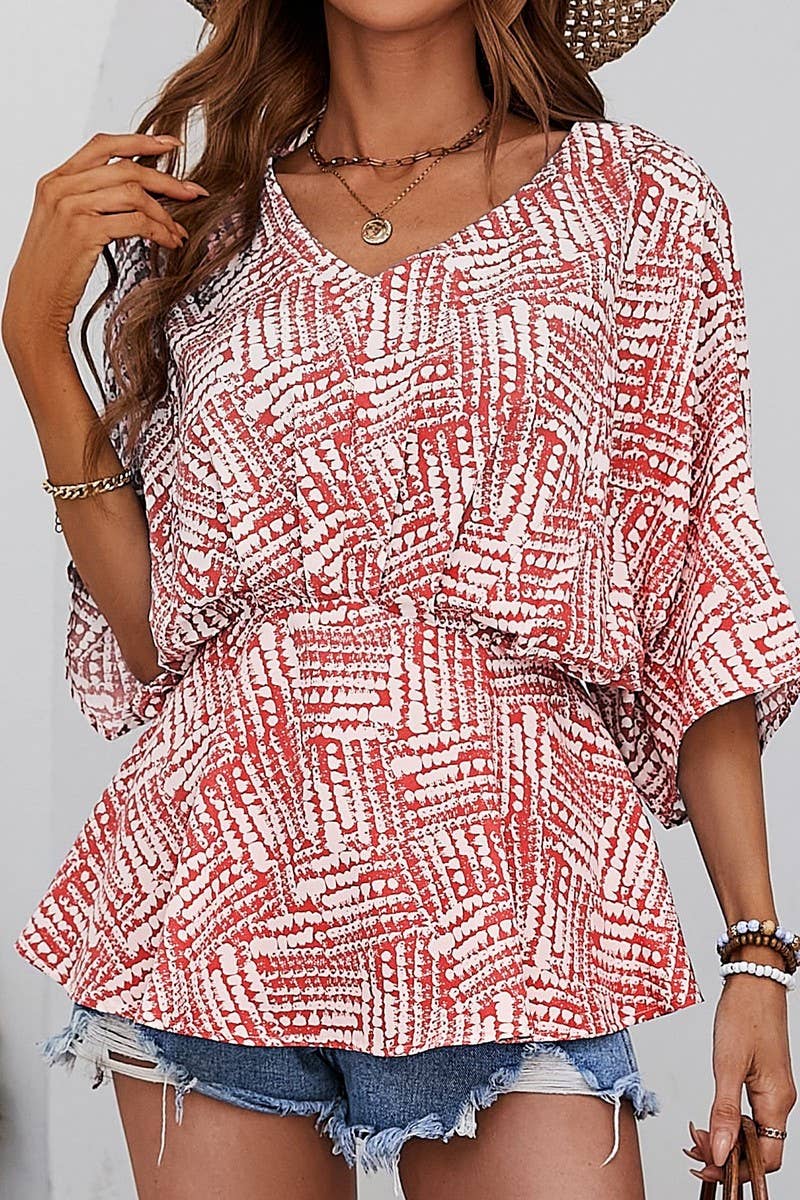 CWTBLS0354_V Neck Print Short Sleeve Blouse