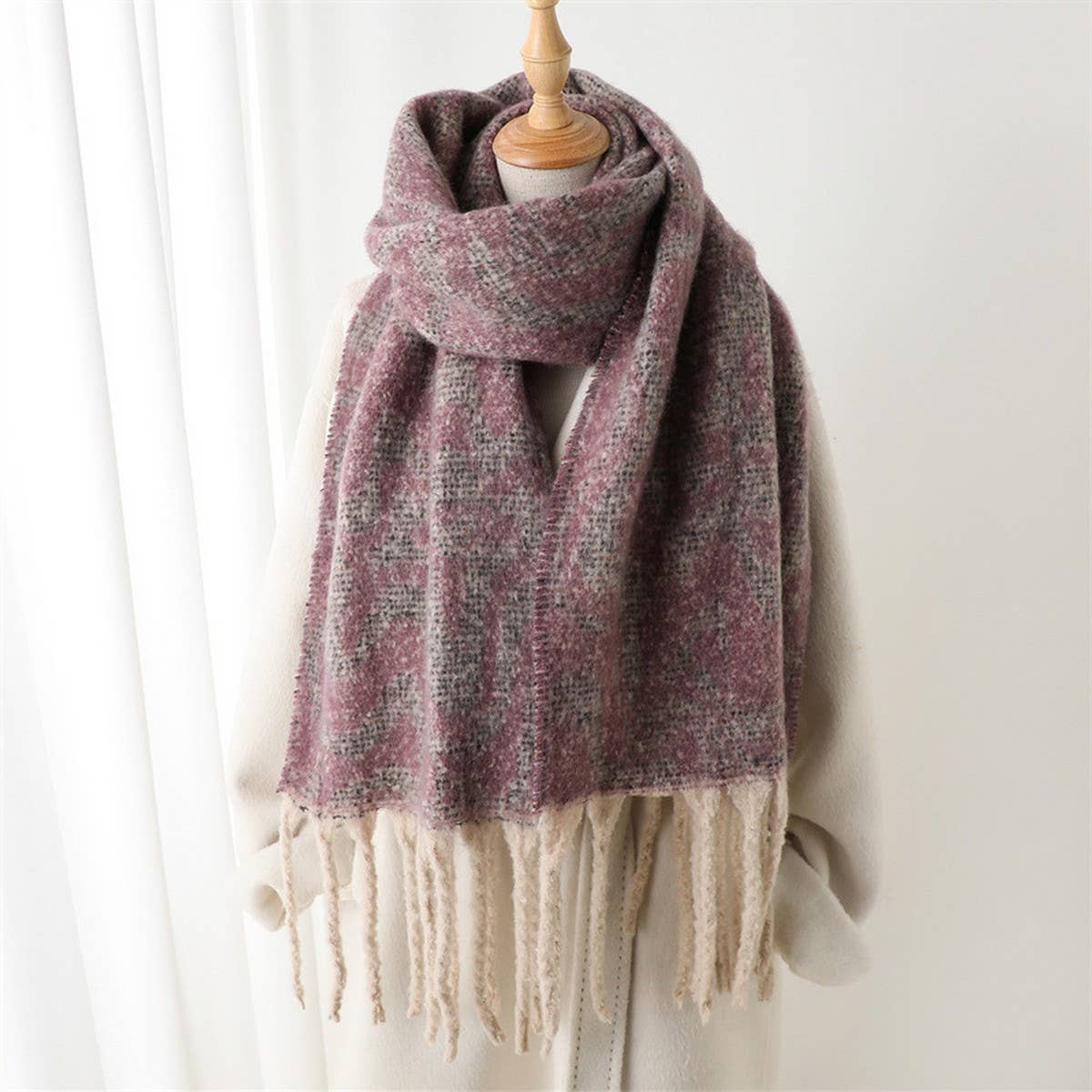 Geometric Colorblock Tassel Scarf for Fall Winter