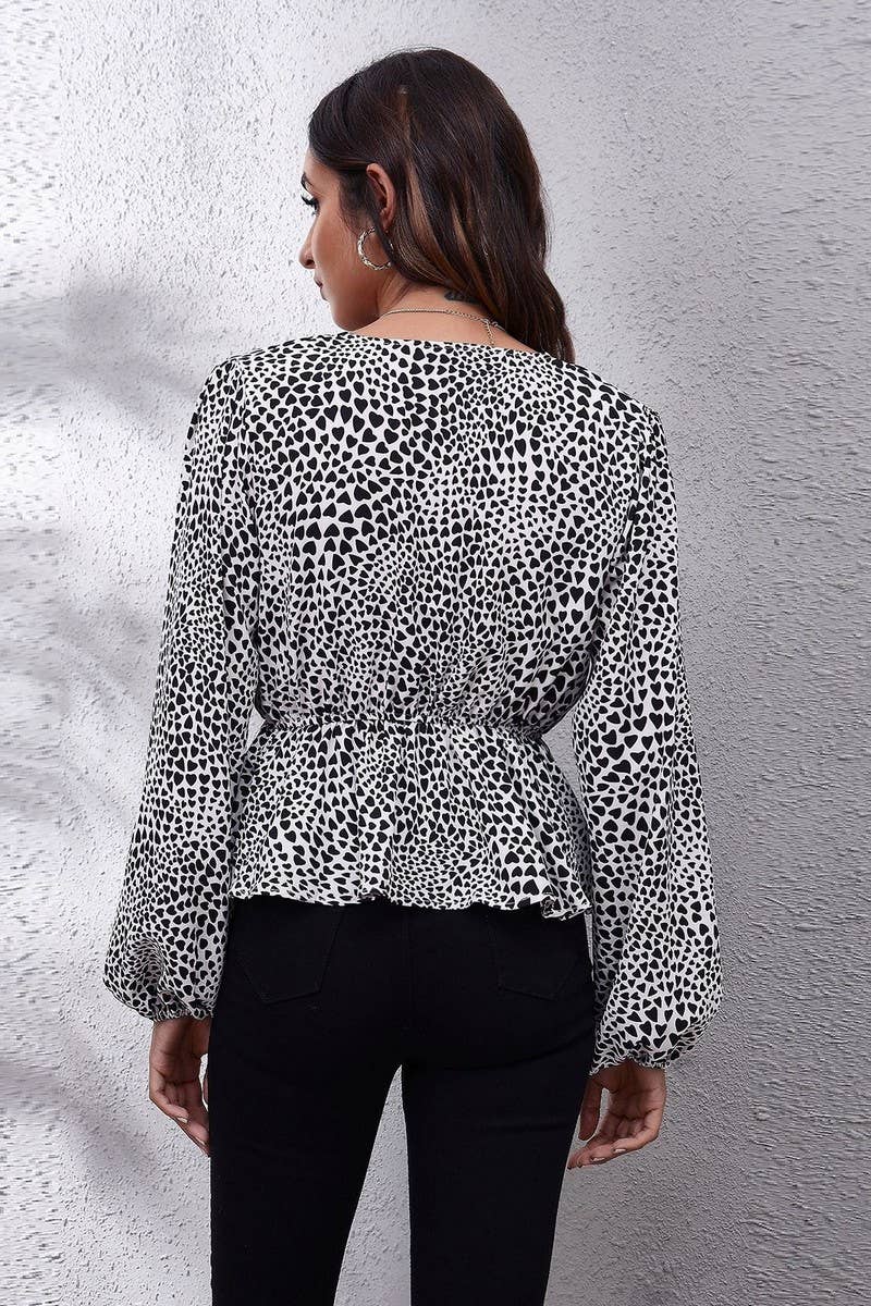 CWTBLL0707_V-Neck Long Sleeve Print Blouse