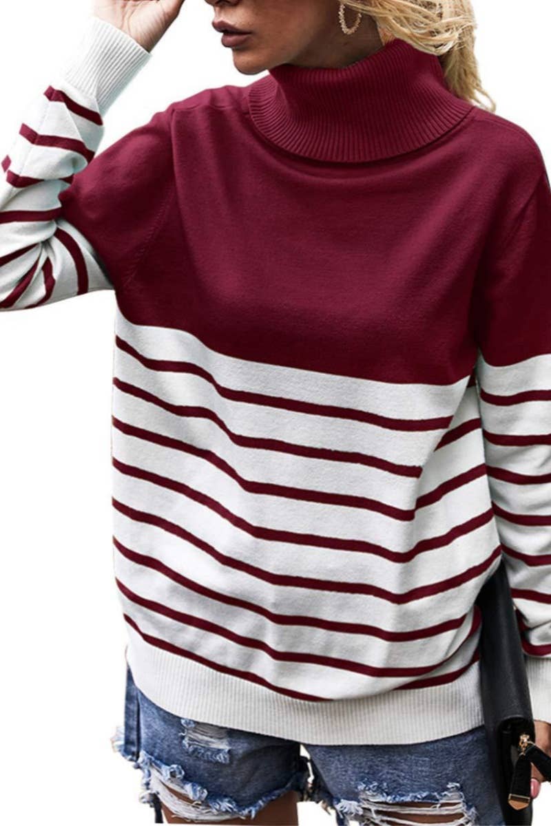 CWOSWL6308_TURTLENECK LONG-SLEEVED STRIPED SWEATER
