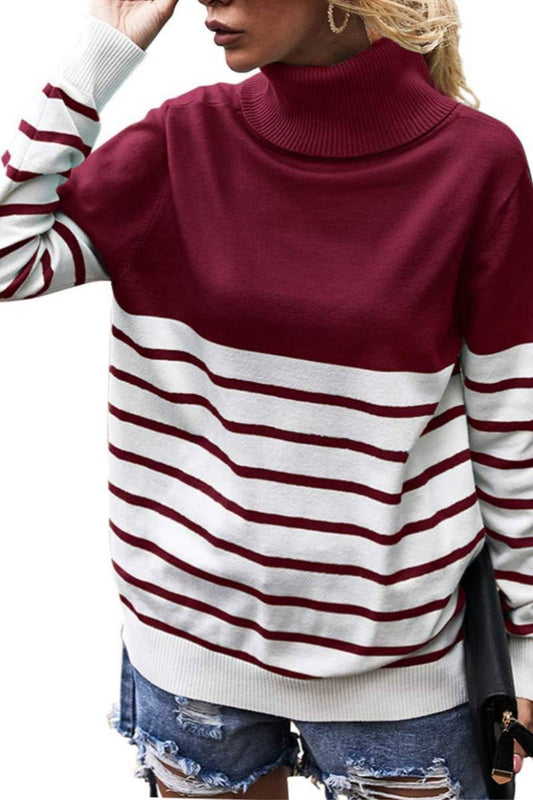 CWOSWL6308_TURTLENECK LONG-SLEEVED STRIPED SWEATER