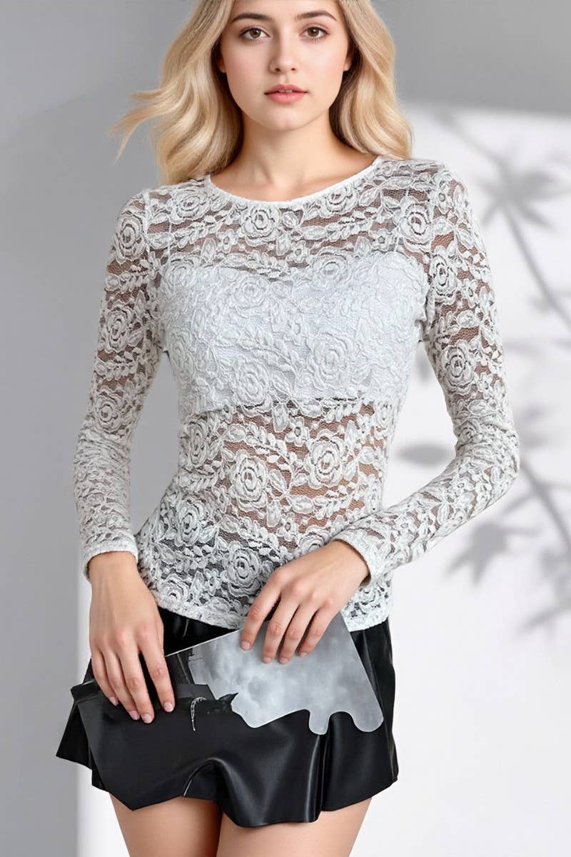 CWTBLL551_SEXY LACE SLIM-FIT LONG-SLEEVED BOTTOMING TOP