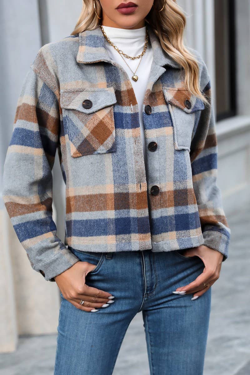 CWOCO1100_LAPEL LONG SLEEVE POCKET PLAID SHORT COAT