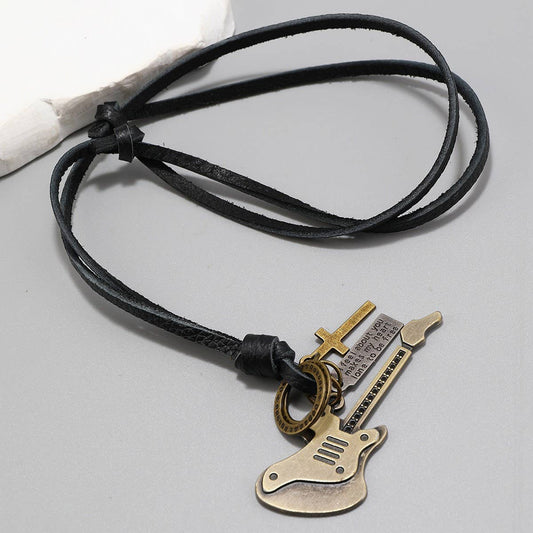 SIMPLE VINTAGE GUITAR PENDANT COWHIDE NECKLACE_CWMM4591