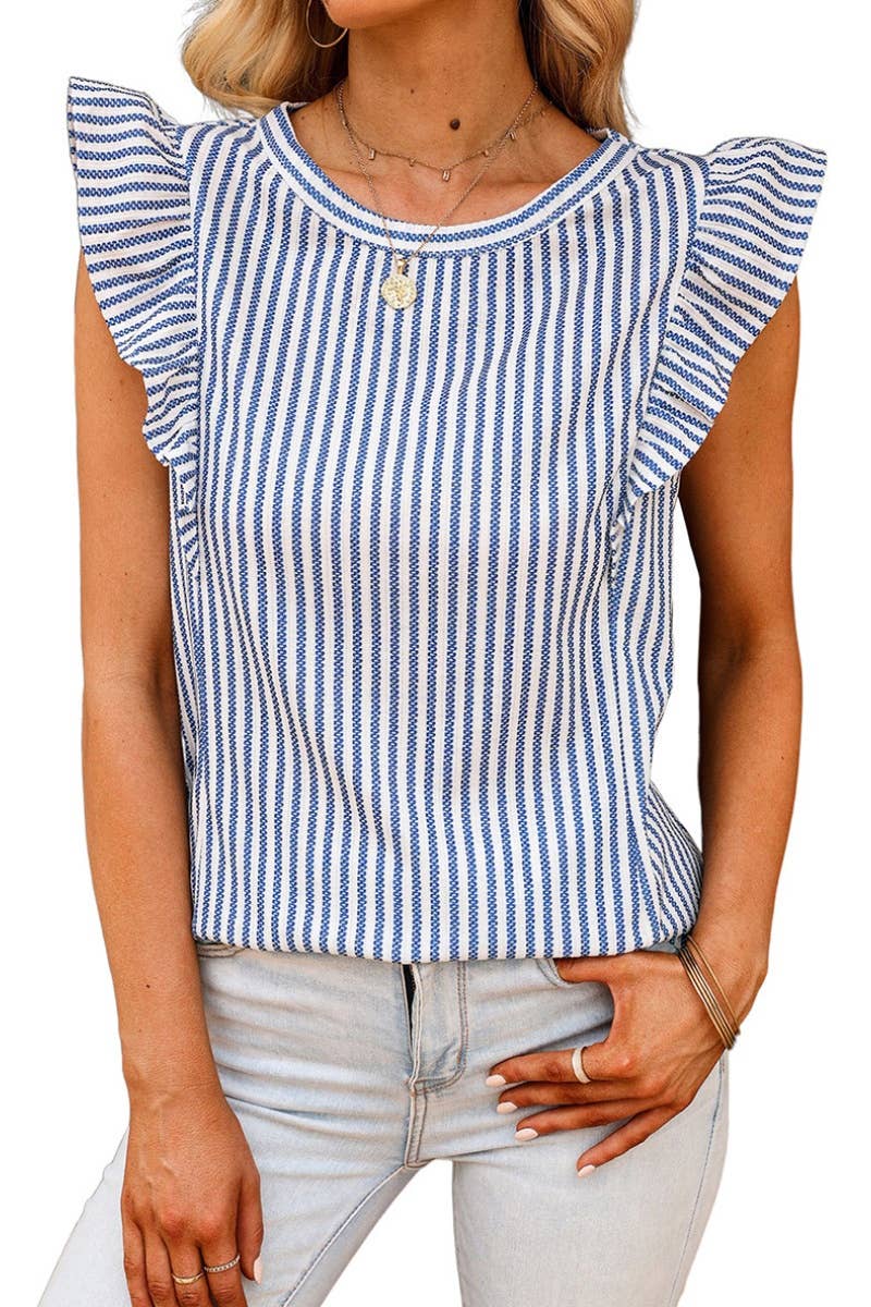 CWTBLSL0476_RUFFLED CREW NECK SLEEVELESS STRIPED TANK TOP