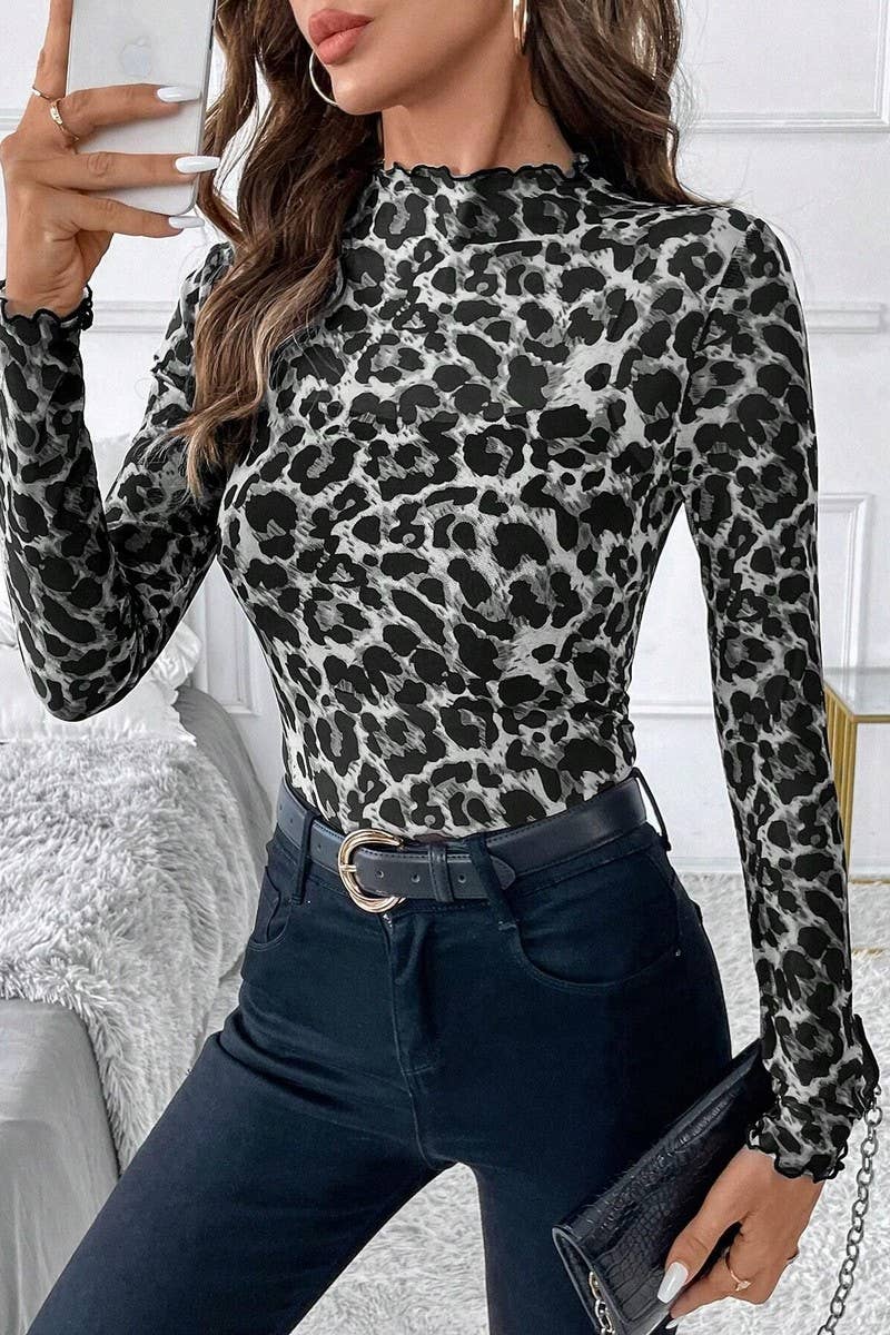 CWTBLL3467_LEOPARD PRINT MESH RUFFLED SLIM FIT TOP