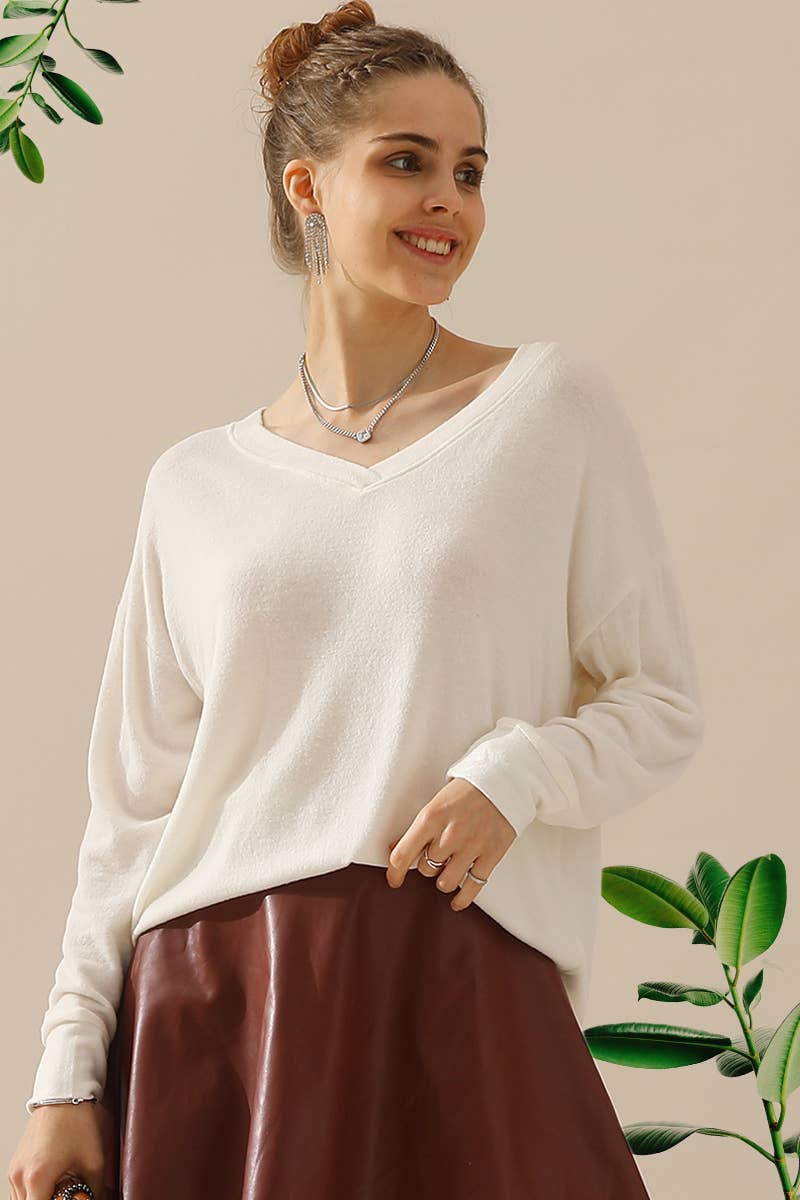 CWTTL1408_Long Sleeve Loose V-Neck Pullover Top